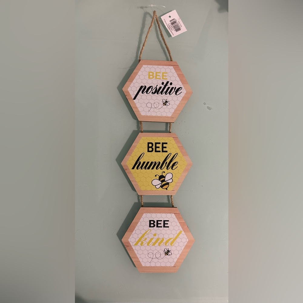 Bumble Bee Wooden Hexagon Sign, each one is 5.5" x 6" , perfect for bee lovers.